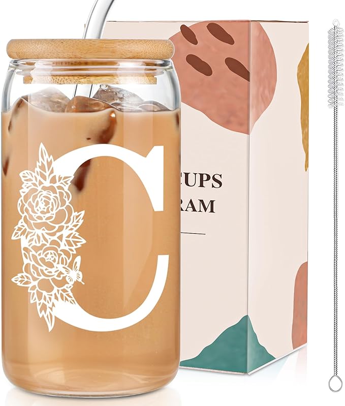 DWTS DANWEITESI Birthday Gifts for Women: Initial Glass Cup as Office Graduation Memorial Holiday Personalized Gifts - for Husband Aunt Uncle Teen Boy Employee Coworkers Him and Her - C Aesthetic Cup