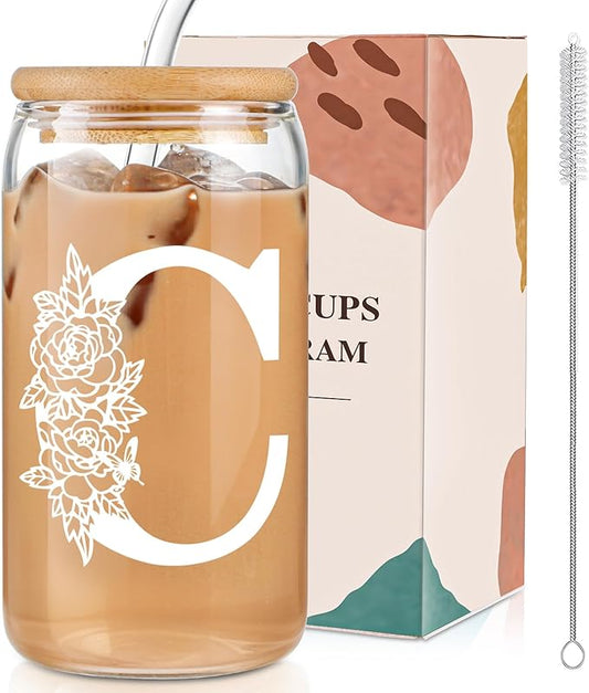 DWTS DANWEITESI Birthday Gifts for Women: Initial Glass Cup as Office Graduation Memorial Holiday Personalized Gifts - for Husband Aunt Uncle Teen Boy Employee Coworkers Him and Her - C Aesthetic Cup