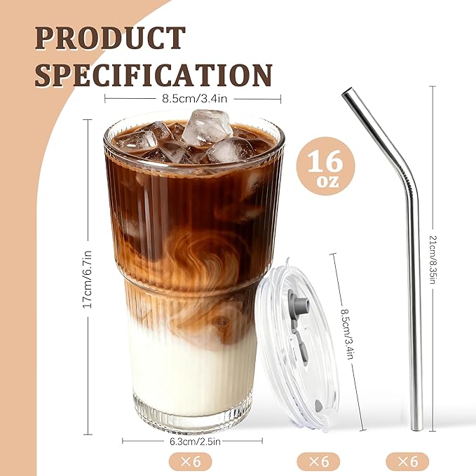 6 Packs Ribbed Glass Tumbler with Lid and Straw 16 oz Cute Ice Coffee Cup Set Bulk Vasos de Vidrio Con Tazas Para Cafe Cocina Accesorios Home Bar Accessories New Slushie House Gift Kitchen Stuff