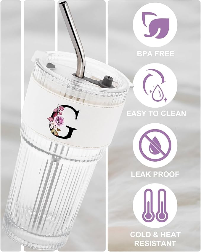 Initial Glass Cup with Lid Straw Matcha Latte Clear Tumbler Ribbed Ice Tea Coffee Women Coworker Colleague Secretary Assistant Nurse Teaher Team Member Bulk Appreciation Thank You Employee Gift G