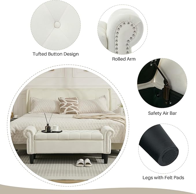 Storage Bench, 50" Queen End of Bed Bench, Velvet Tufted Button Upholstered Bedroom Bench, Storage Ottoman with Rolled Arms, Window Bench with Storage, for Living Room, Entryway Beige