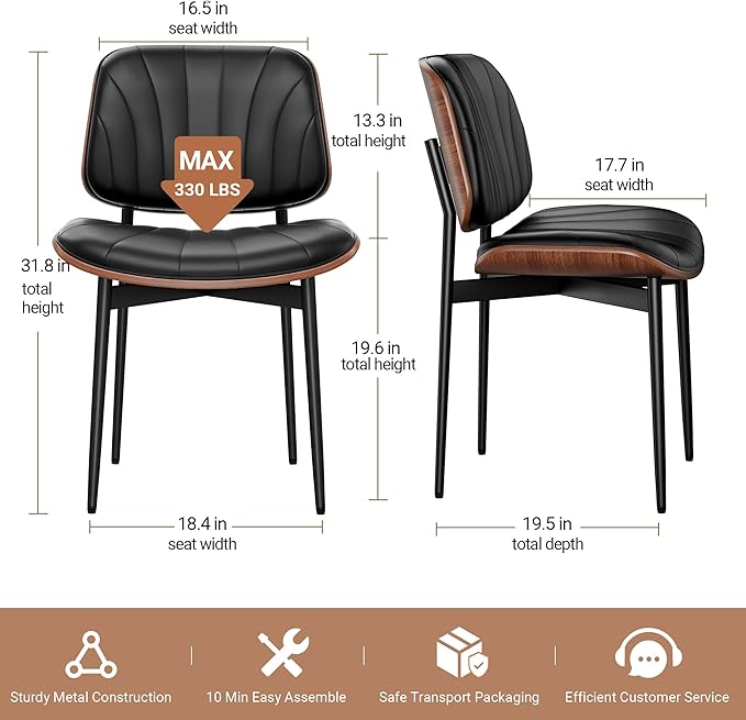 Dining Chairs Set of 2, Mid-Century Modern Upholstered PU Leather Chairs with Walnut Bentwood Back and Metal Legs Adjustable Feet for Kitchen, Black Shell Strips