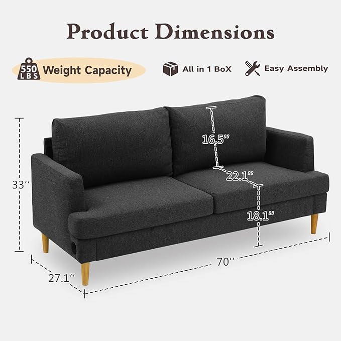 Loveseat Sofa Couch for Living Room with USB Type C Ports – Upholstered 70" Small Couches for Bedroom, Office or Apartment–Modern 2-Seater Deep Seating with Soft Cushions & Sturdy Frame, Black