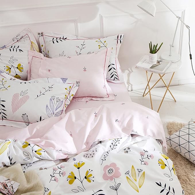 Girls Boho Floral Duvet Cover Twin Aesthetic Bedding Sets with 2 Pillowcases Pink Cotton Botanical Comforter