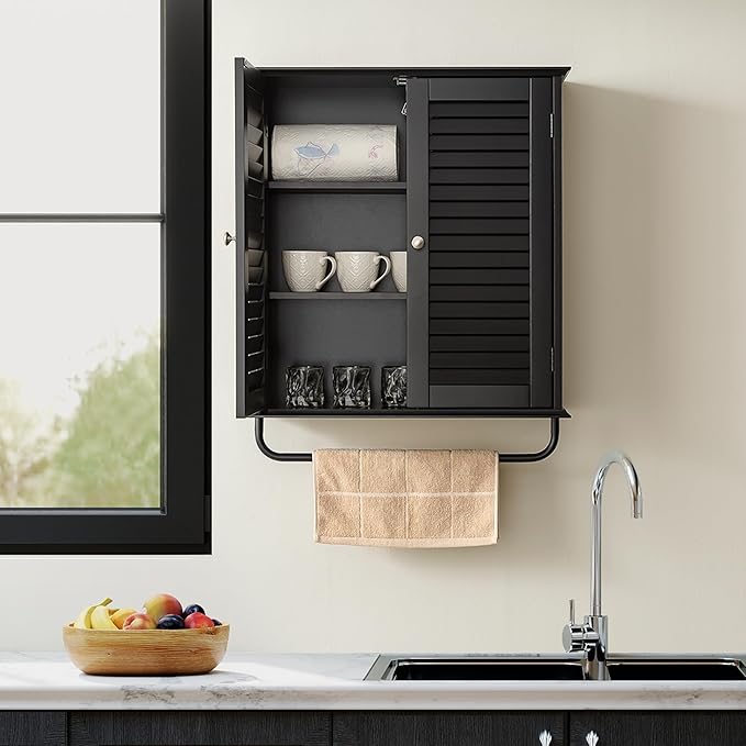Bathroom Storage Cabinet with Adjustable Wood Shelves & Doors, Made of PDF Wood, Medicine Cabinet, Over The Toilet Storage Cabinet for Kitchen & Laundry Room Medicine Cabinet Black