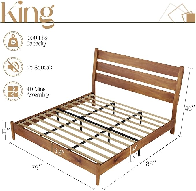 VanAcc Solid Wood King Bed Frame, Platform Bed with Reclining Slatted Headboard, Mid Century Bed with Wood Slat Support, Light Brown