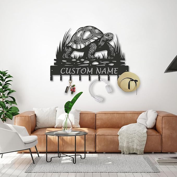 Custom Tortoise Metal Key Holder for Wall, Personalized Family Name Metal Sign with Hooks, Entryway Coat Rack and Organizer for Keys, Leashes, Hats (Style-4)