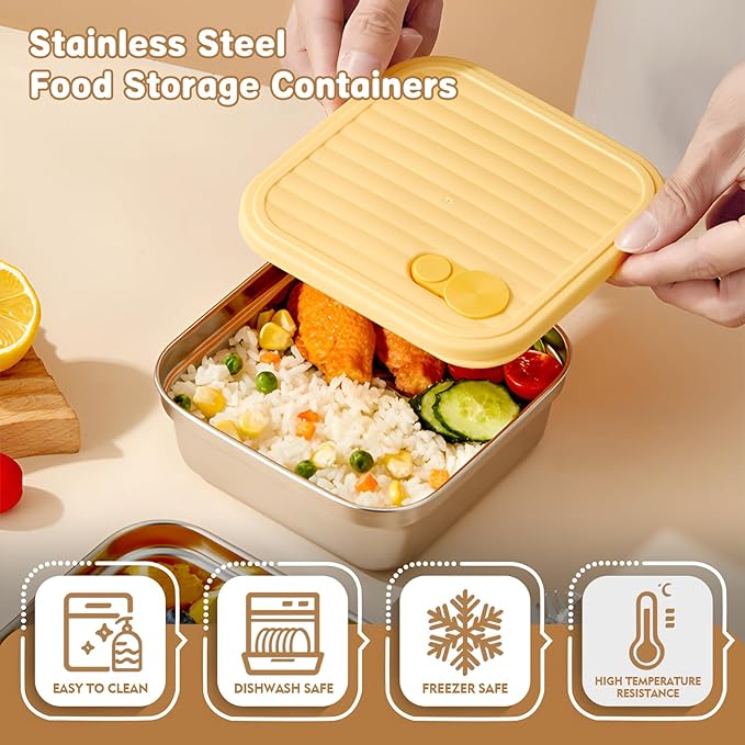 2 Pack Sandwich Containers, 20oz Stainless Steel Sandwich Box with Lids, Reusable Metal Meal Prep Lunch Boxes, BPA-Free, Dishwasher Safe, Food Storage Containers for Snacks & Fruits (Yellow, Pink)