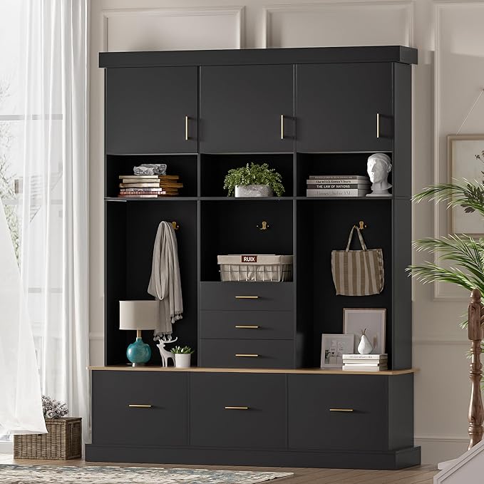 Merax 5-in-1 Hall Tree with Bench and Storage, Modern with Coat Rack, 6 Drawers, 3 Cabinets and 3-Tier Top Storage for Hallway, Entryway, Living Room, Black