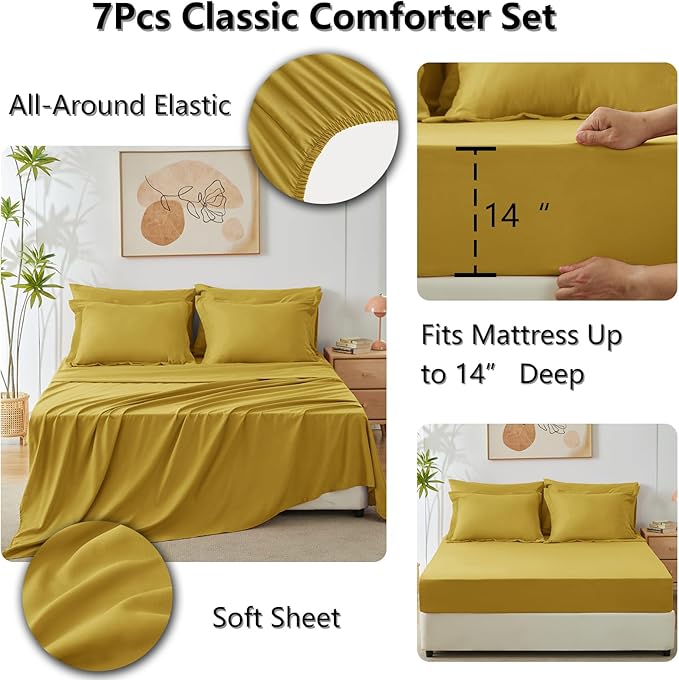 CozyLux King Size Comforter Set Mustard Yellow - 7 Pieces Bed in a Bag King, Luxury Soft Bed Set for All Seasons, Bedding Set with Down Alternative Comforter, Sheets, Pillowcases & Shams