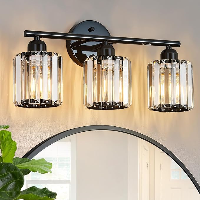 Modern 3 Light Crystal Vanity Light, Plating Black Vertical Bathroom Light Fixture Over Mirror for Dressing Table Sink, Compatible with Dimmable Bulbs (Bulbs Not Included)
