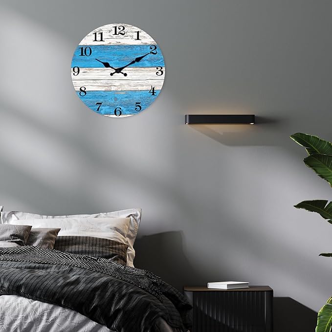 XNM 20 Inch Large Wall Clocks for Living Room Decor Blue and White Quiet Wall Clock Wood Rustic Battery Wall Clock Analog(No Solid Wood, It is with MDF Material)