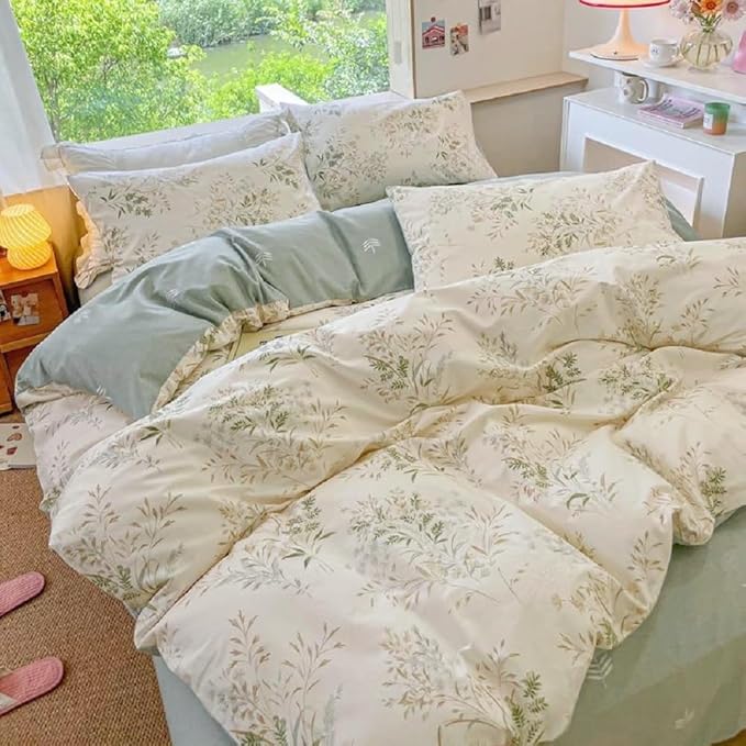 Vintage Floral Duvet Cover Queen Soft 100% Cotton Floral Cottagecore Bedding Set for Girls Women 3 Pieces Flower Plants Botanical Comforter Cover with Zipper Closure Reversible Famhouse Bedding Set