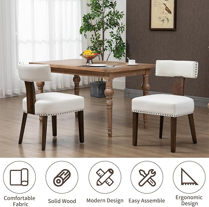 Upholstered Wooden Farmhouse Dining Chairs Set of 2, Mid-Century Modern Fabric Dining Room Chairs with Wood Legs, Curved Backrest Kitchen Armless Accent Chairs for Living Room, Beige