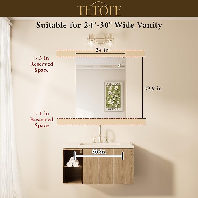 TETOTE Frameless Mirror 24" x 30" Frameless Bathroom Mirror for Over Sink with Tempered Glass, Suitable for Bedroom, Entryway, Hallway, Gym, Vertically/Horizontally