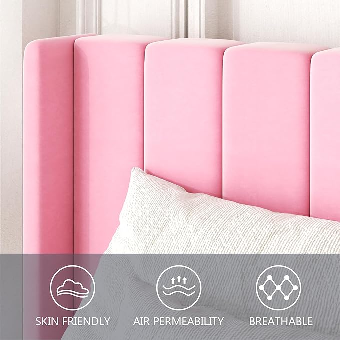 Twin Size Bed Frames with Wingback Headboard Easy Assemnly Platform Bedframe, Sturdy Wooden Slat Support No Box Spring Needed, Pink Velvet