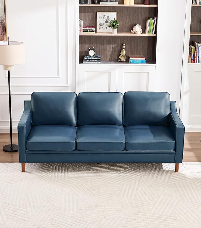 Kingfun 80" Faux Leather Sofa, 3 Seater Couch, Mid Century Modern Couch with Solid Wood Frame for Living Room & Bedroom, Blue