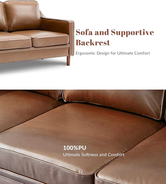 Kingfun Living Room Furniture Sets, Armchair and 2 Loveseat, Mid Century Modern Sofa Set, Faux Leather Couch with Solid Wood Frame for Living Room & Bedroom, Brown