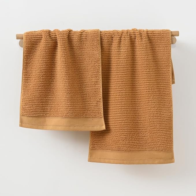 YiLUOMO Super Soft Mustard Orange Hand Towel Set of 2 Ribbed Striped Pattern 100% Cotton Absorbent Decorative Towel for Bathroom 13 x 29 Inch