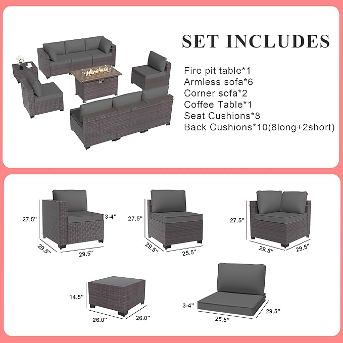 Gotland 10 Pieces Patio Furniture Set with Fire Pit Table, All Weather Rattan Outdoor Furniture with 29.5'' High Backrest 4’’ Thick Cushions Coffee Table, Outdoor Sofa for Deck, Garden, Backyard, Gray