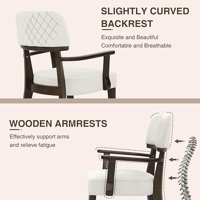 Modern Wood Dining Chairs with Arms Set of 4, Velvet Upholstered Kitchen Chairs with Open Curved Backrest & Black Hardwood Legs, Accent Chairs 350 LBS Capacity, White