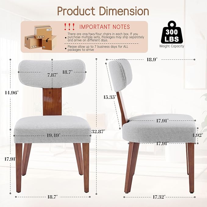 Dining Chairs Set of 2, Mid-Century Modern Upholstered Kitchen Chairs with Curved Backrest and Linen Fabric Seat, Wood Leg Accent Chairs for Dining Room, Living Room, Bedroom, Grey