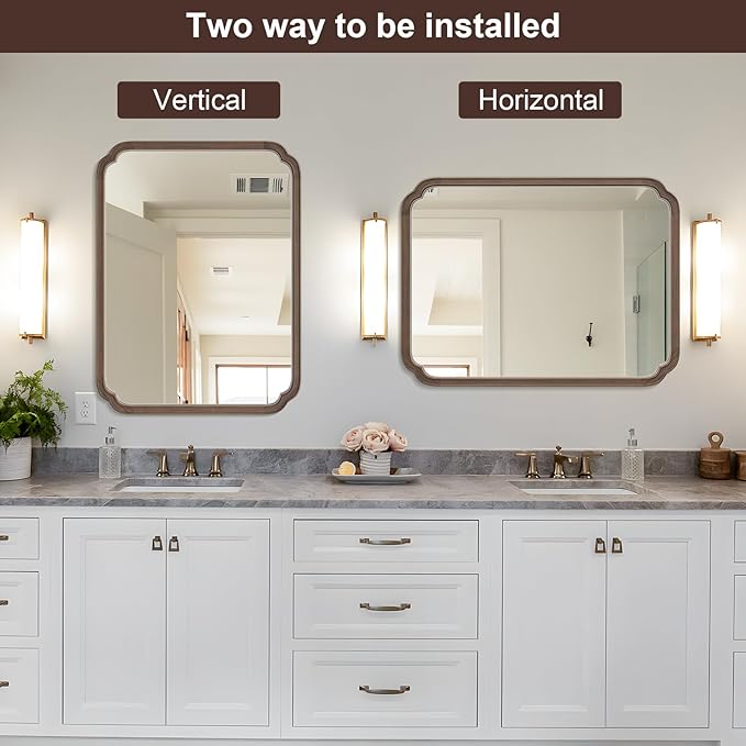 WallBeyond 30" x 40" Wood Bathroom Mirror for Wall Mounted, Rustic Rounded Corner Vanity Mirror for Entryway, Living Room or Bedroom Home Decorative [30" x 40" Walnut Color]