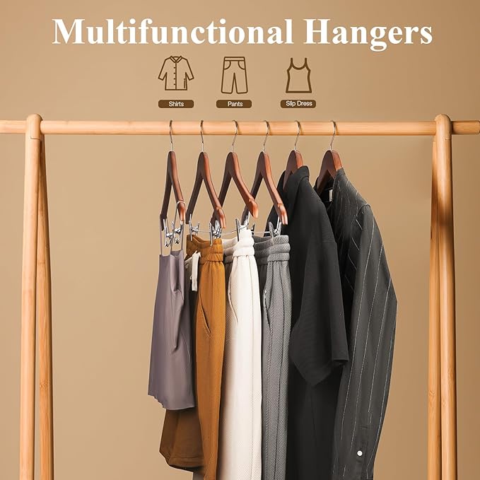 Wooden Pants Hangers 12 Pack With Clips - Adjustable Heavy Duty for Skirts, Jeans, Slacks, Shorts (Walnut)