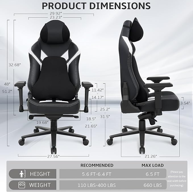 Ergonomic Gaming Chair, Wyrdforging Computer Desk Chairs, 4D Armrests, High Back Office Chair With Headrest & Lumbar Pillow, Tilt Rocker Recliner, Heavy-Duty Base, Black PU Leather & White Suede Combo