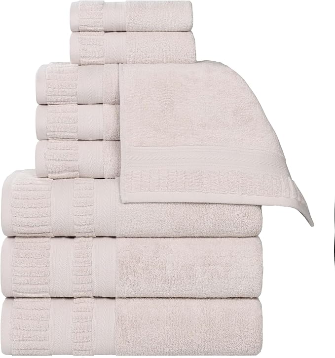 Superior Venice Zero Twist Cotton Medium Weight Towels, for Guest Bath, Bathroom, Shower, Spa, Plush Towels, Bath Essentials, Ribbed Textured Border, 9 Piece Assorted Towel Set, Silver
