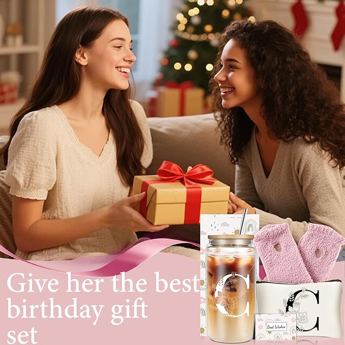 Unique Initial Glass Cup with Lids and Straws, Monogrammed Gifts Box Included Makeup Bag, Christmas Birthday Gifts for Women Mom Sister Grandma, C
