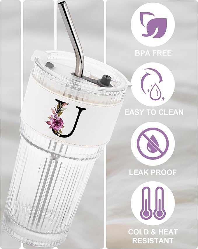 Monogram Glass Cup with Lid Straw Ribbed Ice Tea Coffee Matcha Women Lady National Latte Tumbler Boss Day Gifts Birthday Farewell Leaving Retirement Holiday Appreciation Funny Personalized Present U