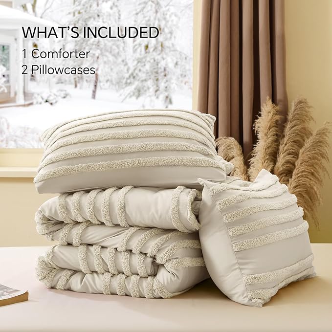 BEDELITE Boho King Size Comforter Set - Beige Tufted Striped Bed Set 3 Pieces, Soft Vintage Farmhouse Comforter for All Seasons, Boho Home Decor,Fluffy Jacquard Bedding with Pillow Sham