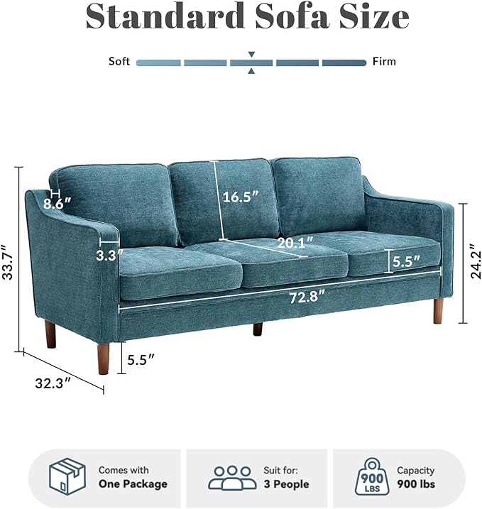 Kingfun 80" Chenille Sofa, 3 Seater Couch, Mid Century Modern Couches with Solid Wood Frame for Living Room & Bedroom, Water Green