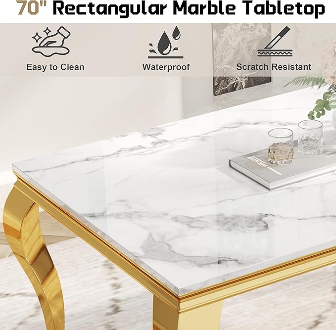 Dining Table Set for 6, 7-Piece Kitchen Table Chairs Set, Modern Dining Room Set with 70'' Marble Dinner Table and 6 Petaloid Backrest Upholstered Chairs for Kitchen, White & Gold