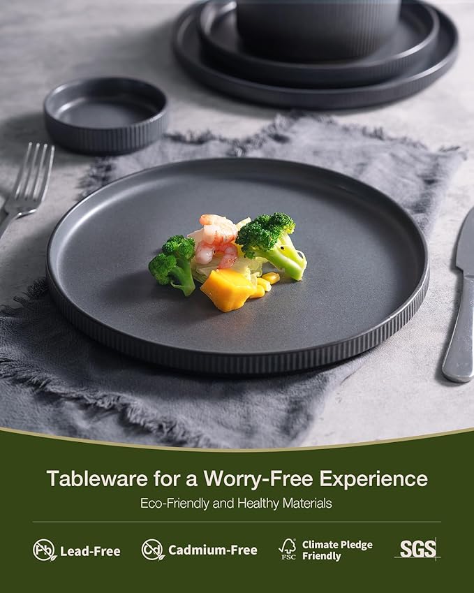 Famiware Star Dinnerware Set with Mugs, Service for 4 (16pcs), Ribbed Stoneware Plates and Bowls Dishes Sets - Chip & Scratch Resistant, Microwave & Dishwasher Safe, Matte Dark Charcoal