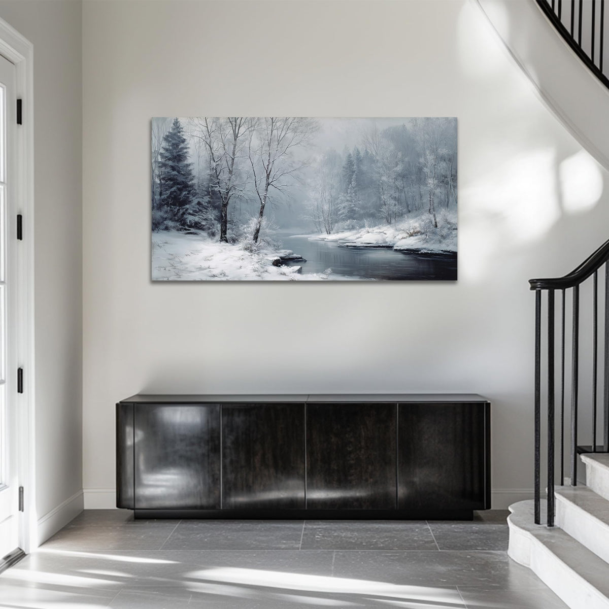 TEPAKIHI Winter Landscape Canvas Wall Art for Living Room Bedroom, Snowy Nature River Forest Picture, Winter Scene Painting Home Decor (16x32 inches)