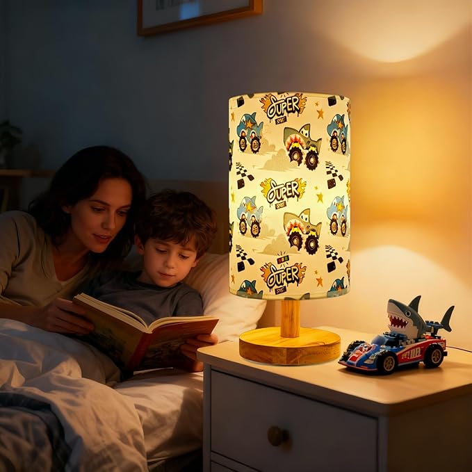 Shark Table Lamp for Boys Bedroom, Wood Base Linen Shade, Nursery Boho Lamp, 3 Level Brightness, Gifts for Boys