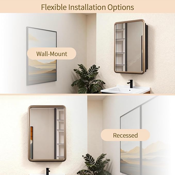 Bathroom Medicine Cabinet with Gold Wood Framed Mirror, Recessed or Wall Mount Bathroom Vanity with Storage Shelves 17.5x26 inch