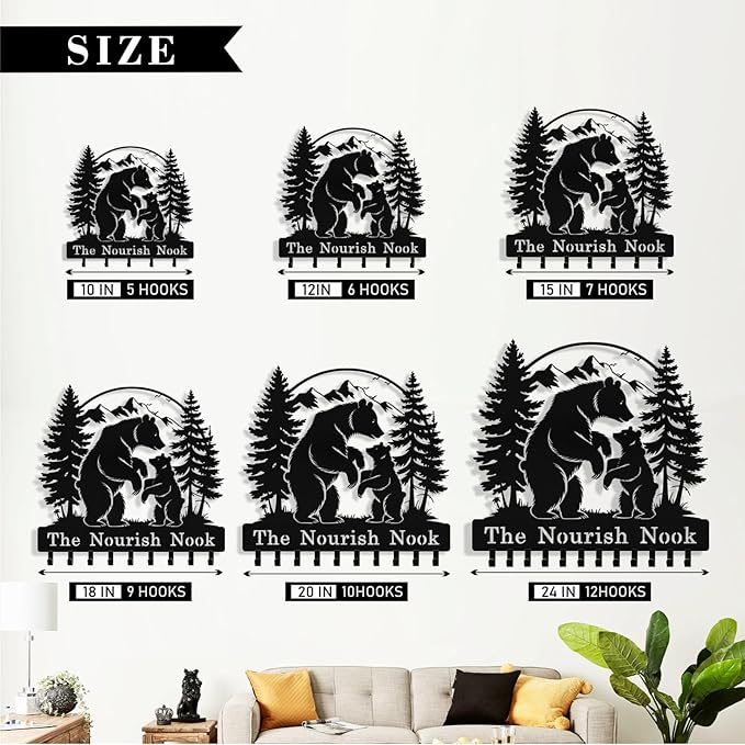 Personalized Bear Forest Key Holder Wall Mount, Custom Metal Key Holder for Wall with Name, Custom Keys Rack Hanger with Hooks for Entryway, Front Door, Hallway, Living Room, Kitchen
