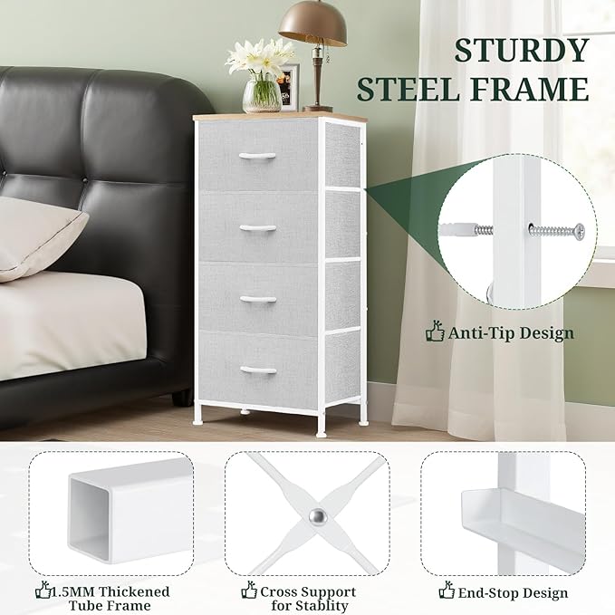 Nightstand, 4 Drawer Dresser End Table Bedside Furniture with Wooden Top Steel Frame Fabric Bins for Bedroom, Closet, Entryway, Dorm, Living Room, Light Gray