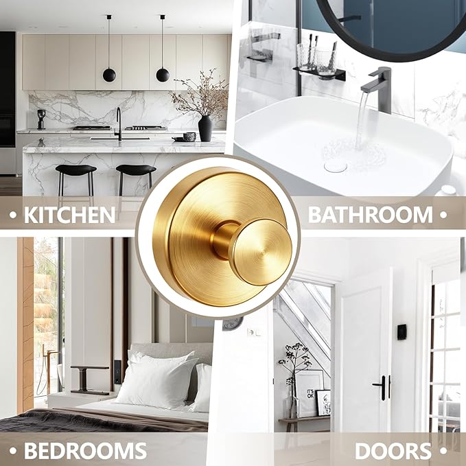 4 PCS Upgraded Drill-Free Suction Cup Hooks, Shower Towel Hooks for Bathrooms Stainless Steel Suction Hook Towels Hanger for Bathroom Kitchen Clothes Mirror Wall (Brushed Gold)