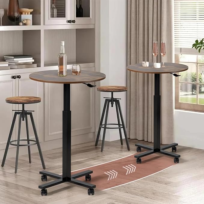 Bar Table,Round Dining Table with Height Adjustment,23.8-Inch Top, 41 Inch Adjustable Range, Comes with 4 Wheels, Ideal for Small Bar & Café, Rustic Brown