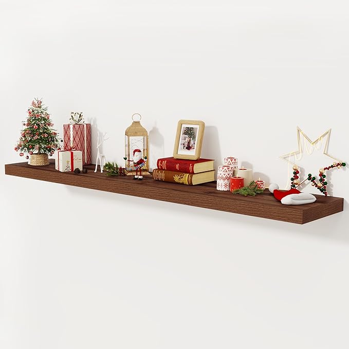 Fun Memories 72 Inch Floating Shelf, 12 Inch Deep Wall Shelf for Fireplace Mantel, Deep Storage Shelves for Home & Office, Wall Shelves with Invisible Bracket, Walnut, Set of 1