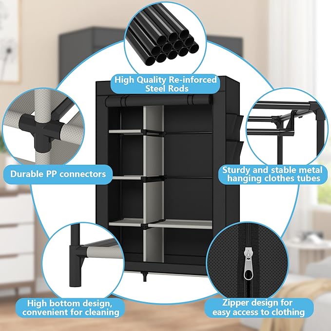 Calmootey Portable Closet, Wardrobe with 6 Shelves and Hanging Rod, Storage Organizer for Bedroom, Non-Woven Fabric Cover with 4 Side Pockets, Includes 2 Storage Bags for Clothes, Black