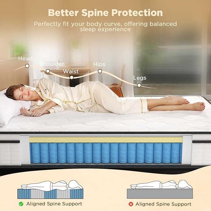 Hybrid Queen Size Mattress, 10 Inch-Medium Firm Feel, Mattress in a Box, Individual Pocketed Springs for Motion Isolation, Cooling & Soft Fabric, Pressure & Back Pain Relief, Strong Edge Support