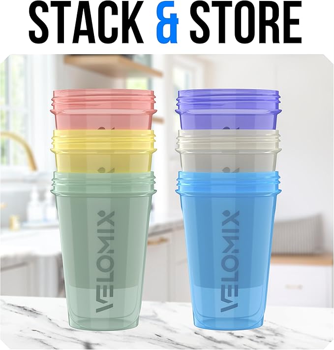 VELOMIX -6 PACK- 20 OZ Protein Shaker Bottles for Protein Mixes, Shaker Cups for Protein Shakes, Small Shaker Bottle Pack, Shaker Cup, Shakers for protein Shakes (Pastel Shades - 6 Pack)