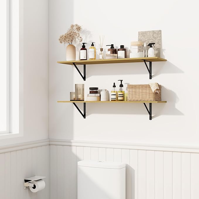 Fun Memories Deep Floating Shelves for Wall, 24W x 8D Wall Mounted Shelves Set of 2, Wide Display Ledge Shelf with Sturdy Metal Brackets for Living Room, Bathroom, Bedroom and Kitchen, Oak