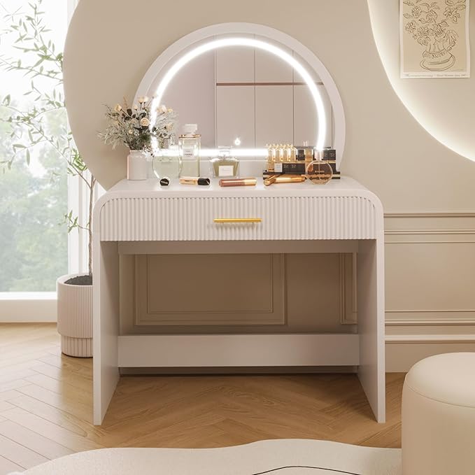 Merax 39" Make Up Vanity Desk with Touch Screen Lighted Mirror and Storage Drawer, Rubber Wood Girls Makeup Dresser Table for Bedroom, Dressing Room