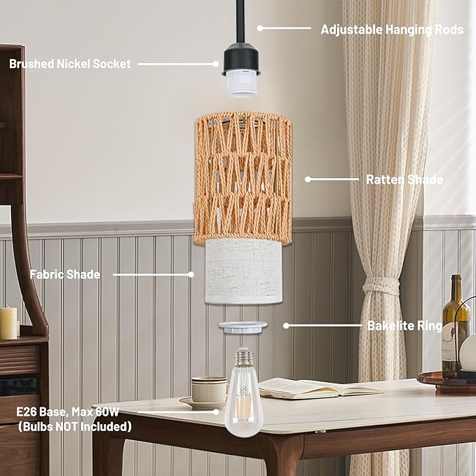 Pendant Light Boho Hanging Lamp - Rattan & Linen 2-in-1 Shade, Adjustable Hanging Lights Fixture for Kitchen Island, Dining Room, Farmhouse, Bedroom (3 Pack)